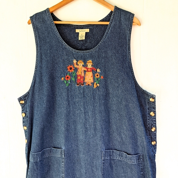 Vintage Dresses & Skirts - VINTAGE scarecrow sunflower embroidered fall autumn pinafore skirtall jumper